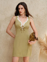 Uhlyne Fashionable Linen Contrast Lace Sleeveless Dress With Generous Collar, Hollow-Out Tie-Up Slim Fit Elegant Casual Mini Dress For Women